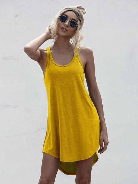 Solid Casual O-neck Sleeveless Tank Dress Women Loose Off Shoulder Asymmetrical Cotton Mini Dress Summer Y2K Vestidos Streetwear