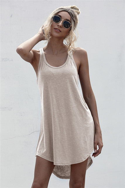 Solid Casual O-neck Sleeveless Tank Dress Women Loose Off Shoulder Asymmetrical Cotton Mini Dress Summer Y2K Vestidos Streetwear
