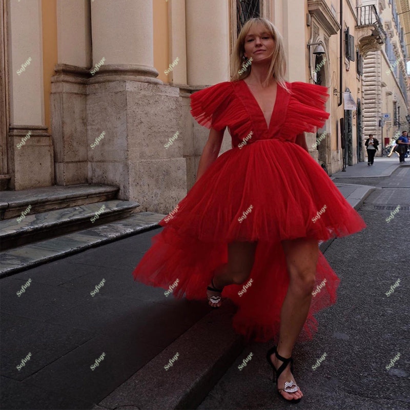 Red High Low Evening Dresses Prom Puffy V Neck Dubai Saudi Arabic Special Occasion Formal Girl Gown Custom Made