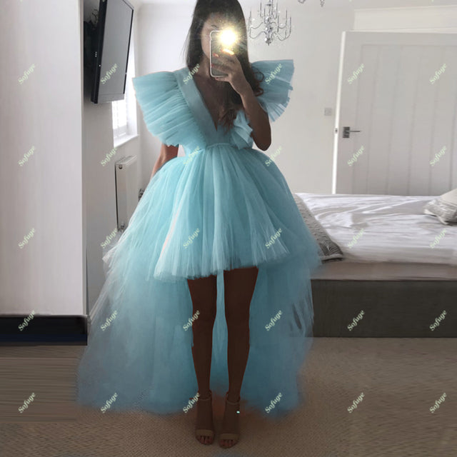 Red High Low Evening Dresses Prom Puffy V Neck Dubai Saudi Arabic Special Occasion Formal Girl Gown Custom Made