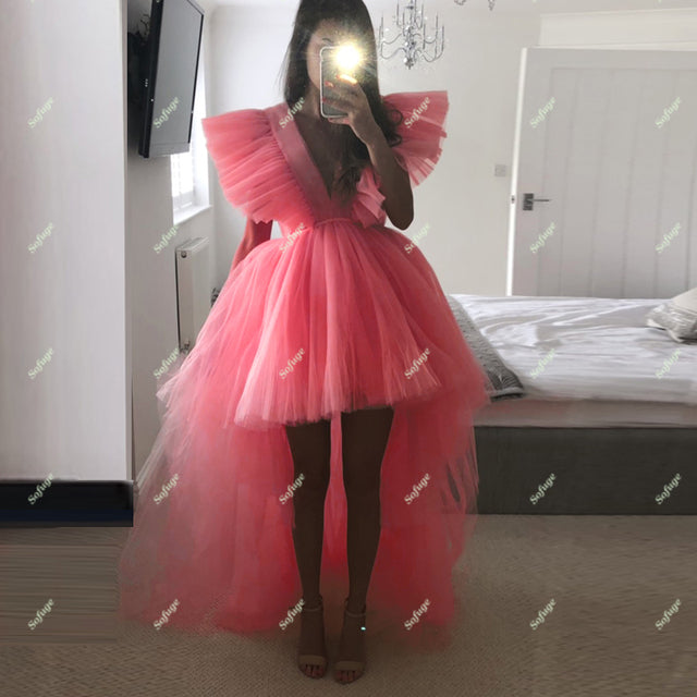 Red High Low Evening Dresses Prom Puffy V Neck Dubai Saudi Arabic Special Occasion Formal Girl Gown Custom Made