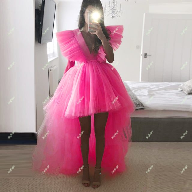 Red High Low Evening Dresses Prom Puffy V Neck Dubai Saudi Arabic Special Occasion Formal Girl Gown Custom Made