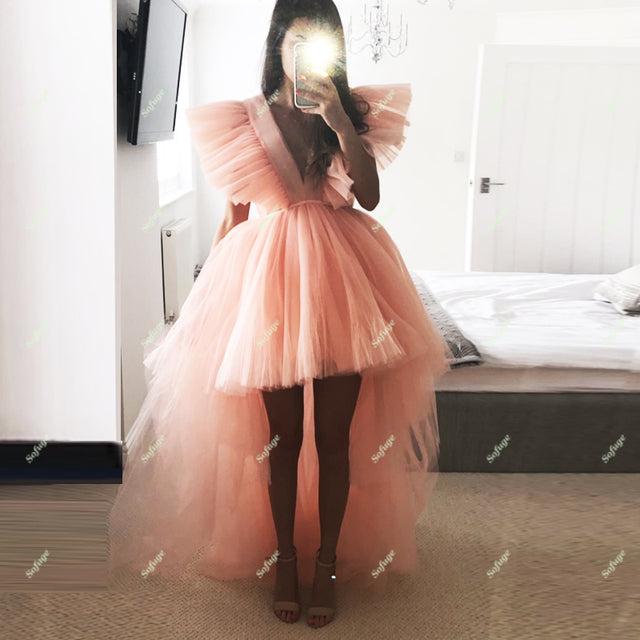 Red High Low Evening Dresses Prom Puffy V Neck Dubai Saudi Arabic Special Occasion Formal Girl Gown Custom Made