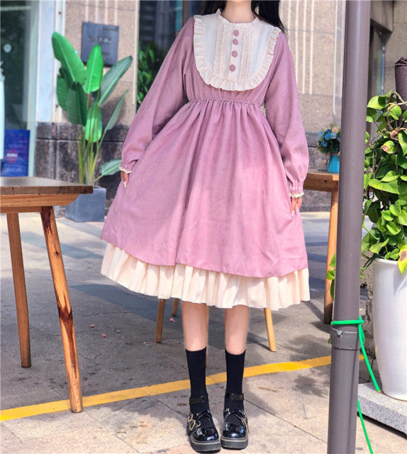 Japanese Style 2020 Autumn Women'S Dresses O-Neck High Waist Slimming Contrast-Color Ruffled Sweet Lolita Dress Kawaii Clothing