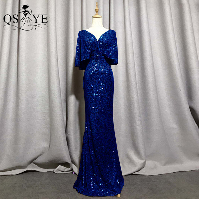 QSYYE Golden Evening Dresses Mermaid Short Sleeves Sexy V Neck Evening Gown Elegant Glitter Bat Sleeves Formal Party Dress