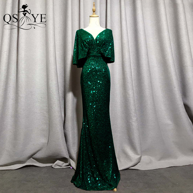QSYYE Golden Evening Dresses Mermaid Short Sleeves Sexy V Neck Evening Gown Elegant Glitter Bat Sleeves Formal Party Dress