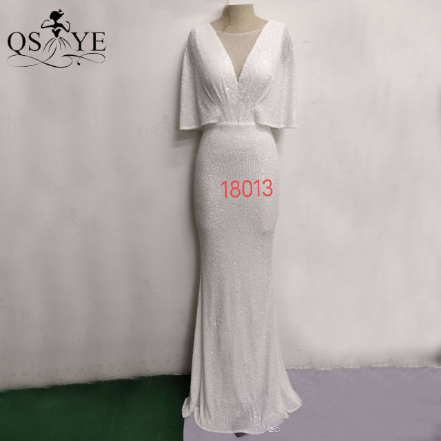 QSYYE Golden Evening Dresses Mermaid Short Sleeves Sexy V Neck Evening Gown Elegant Glitter Bat Sleeves Formal Party Dress