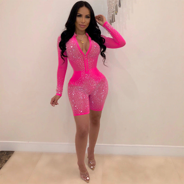 hirigin Sexy Women Mesh Glitter Rhinestones Playsuit Summer Transparent Zipper Jumpsuit Romper 2019 Long Sleeve Night Club