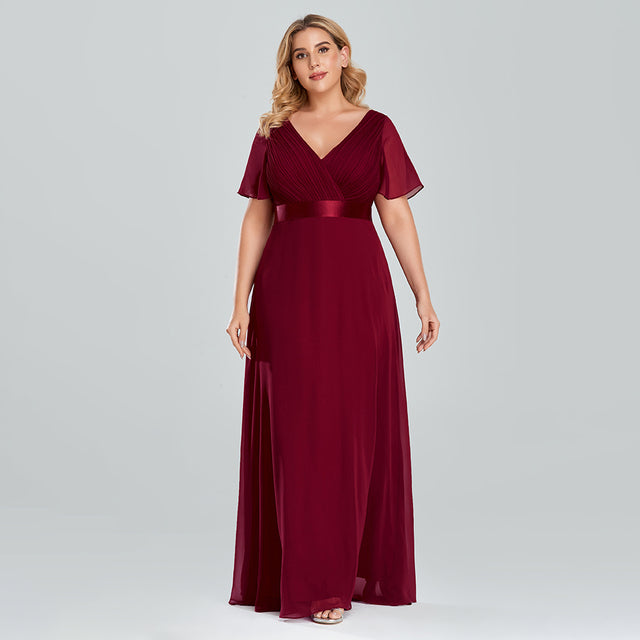 Plus Size Evening Dresses Elegant A Line V Neck Ruffles Chiffon Formal Wedding Party Dress