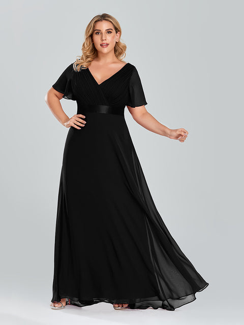 Plus Size Evening Dresses Elegant A Line V Neck Ruffles Chiffon Formal Wedding Party Dress