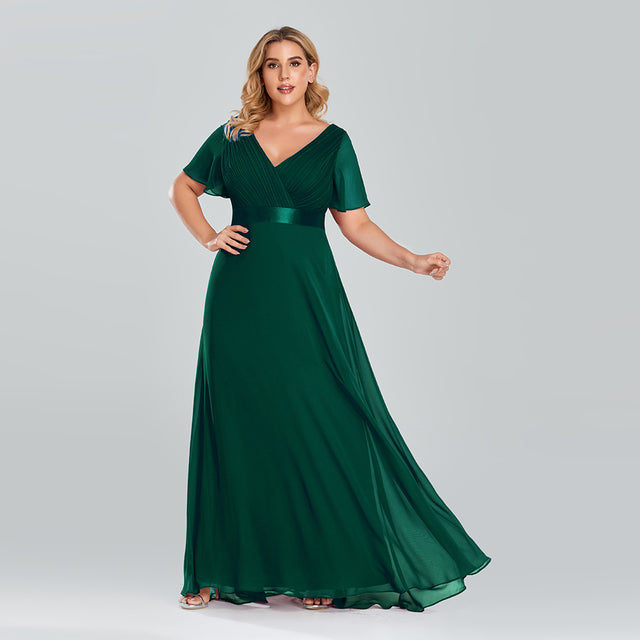 Plus Size Evening Dresses Elegant A Line V Neck Ruffles Chiffon Formal Wedding Party Dress