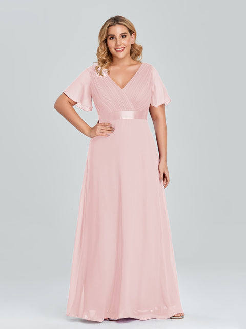 Plus Size Evening Dresses Elegant A Line V Neck Ruffles Chiffon Formal Wedding Party Dress