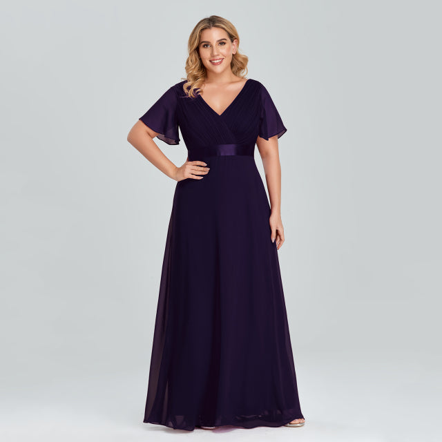 Plus Size Evening Dresses Elegant A Line V Neck Ruffles Chiffon Formal Wedding Party Dress