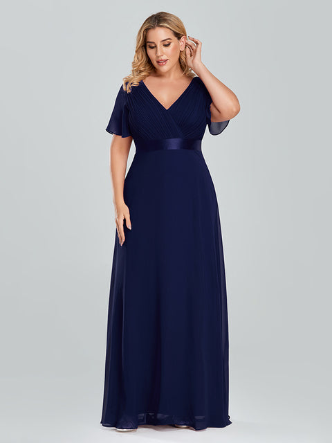 Plus Size Evening Dresses Elegant A Line V Neck Ruffles Chiffon Formal Wedding Party Dress