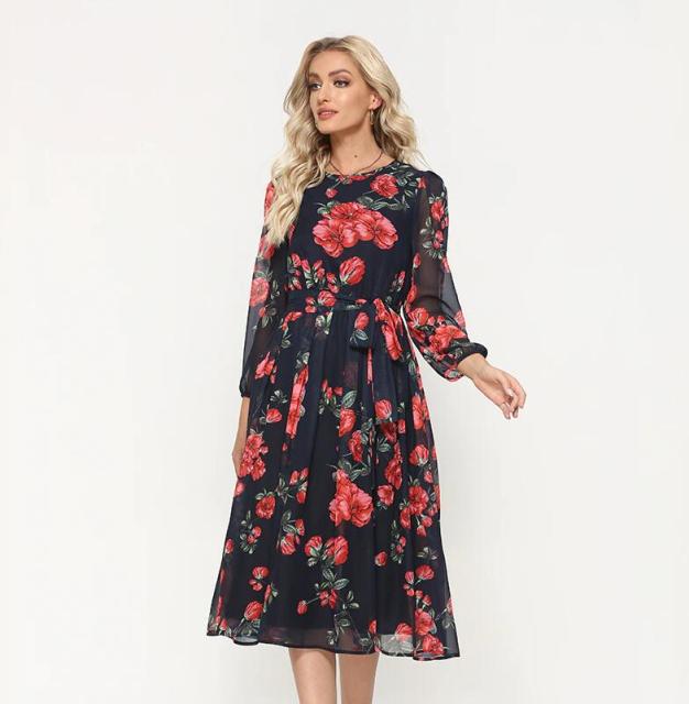 S.FLAVOR Elegant Dot Print Long Sleeve Polka Dress O Neck Chiffon A Line Women Casual Dress Vintage Midi Vestidos De