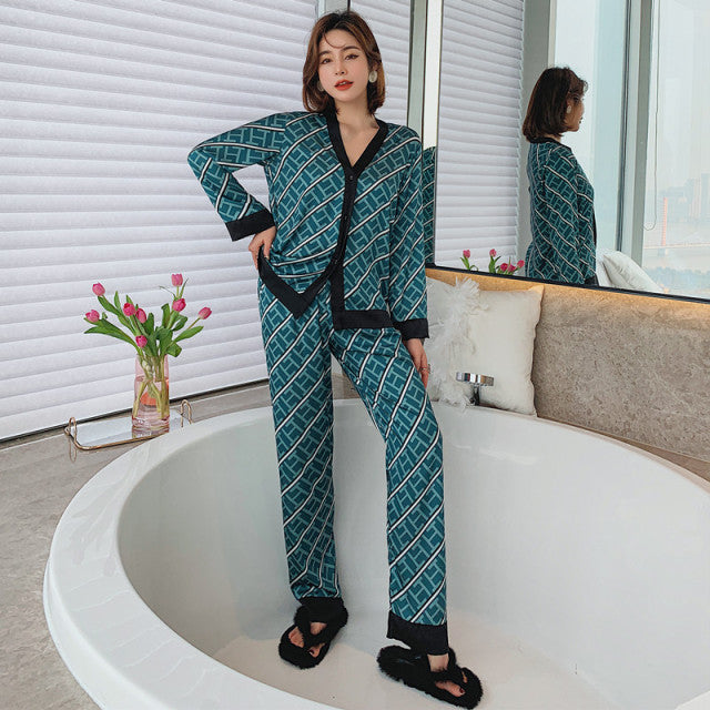 QSROCIO Women's Pajamas Set V Neck Design Luxury Cross Letter Print Sleepwear Silk Like Home Clothes XXL Large Size Nightwear