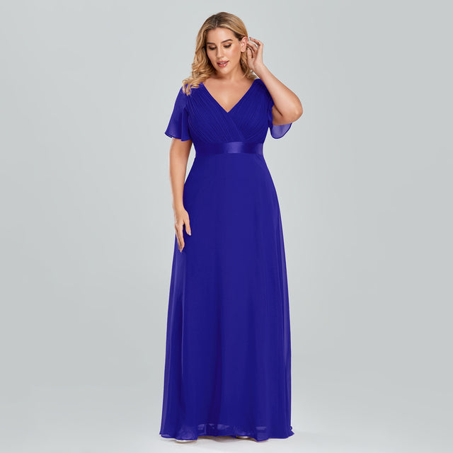 Plus Size Evening Dresses Elegant A Line V Neck Ruffles Chiffon Formal Wedding Party Dress