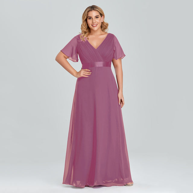 Plus Size Evening Dresses Elegant A Line V Neck Ruffles Chiffon Formal Wedding Party Dress