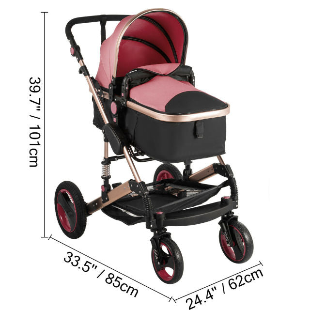 VEVOR Luxurious Baby Stroller 3 in 1 Portable Travel Reclining Baby Carriage Folding Pram for Newborn Baby Bassinet Pushchair