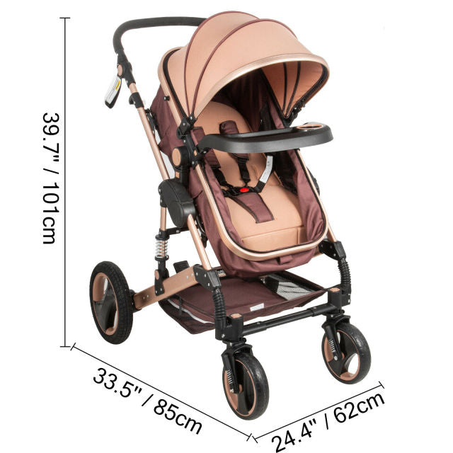 VEVOR Luxurious Baby Stroller 3 in 1 Portable Travel Reclining Baby Carriage Folding Pram for Newborn Baby Bassinet Pushchair