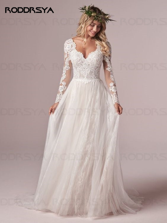 RODDRSYA A Line Long Sleeves Wedding Dresses Lace Bridal Gowns Tulle Ivory Vestido De Novia Open Back свадебное платье