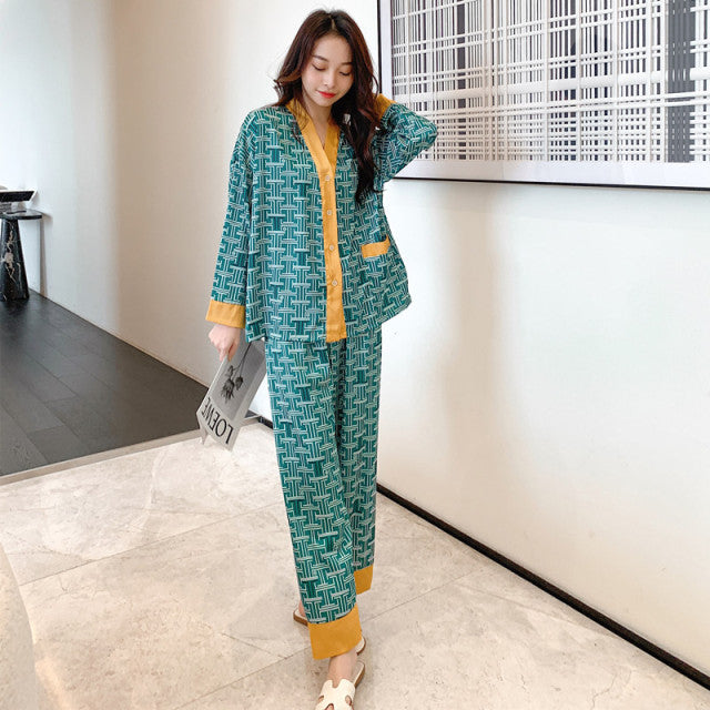 QSROCIO Women's Pajamas Set V Neck Design Luxury Cross Letter Print Sleepwear Silk Like Home Clothes XXL Large Size Nightwear