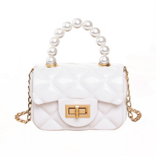 Women Mini Handbag New Elegant Shoulder Messenger Portable Chain Bag Girl PVC Jelly Bag Pearl Crossbody Rhombus Small Square Bag