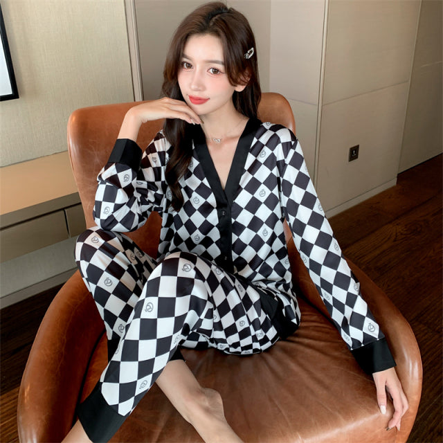QSROCIO Women's Pajamas Set V Neck Design Luxury Cross Letter Print Sleepwear Silk Like Home Clothes XXL Large Size Nightwear