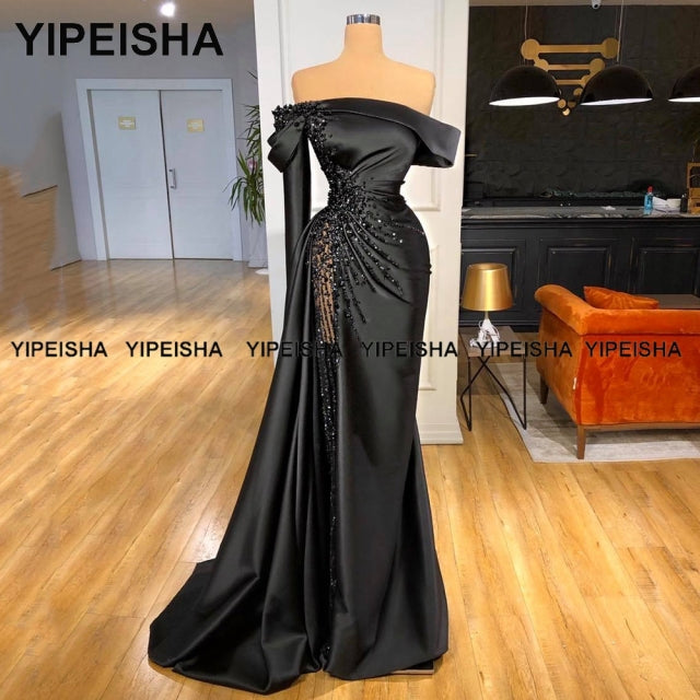 Yipeisha Off-shoulder Black Pageant Party Gown Luxury Pearls Evening Dresses Formal Mermaid Sexy Long Prom Dress 2022
