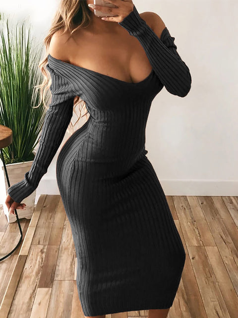 Forefair Winter Sexy Bodycon Midi Woman Dress Knitted Long Sleeve V Neck Party Elegant Robe Women's Dresses