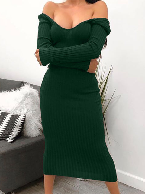 Forefair Winter Sexy Bodycon Midi Woman Dress Knitted Long Sleeve V Neck Party Elegant Robe Women's Dresses