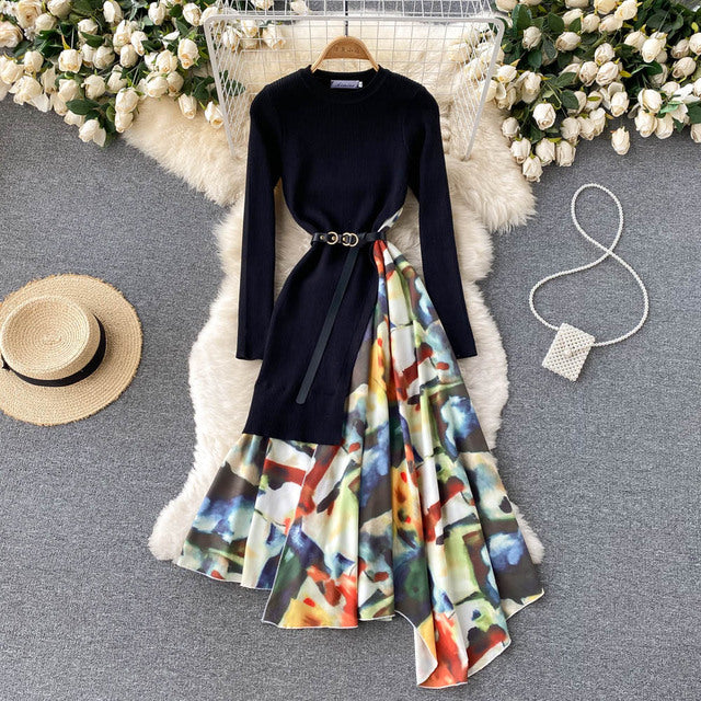 Autumn Winter Elegant Knitted Patchwork Gradient Print Pleated Dress Women Long Sleeve Office One-Piece Sweater Dress With Belt