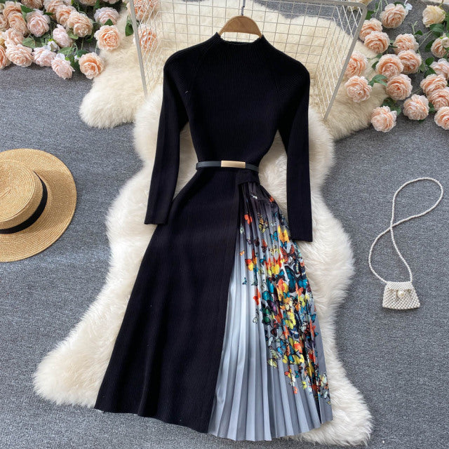 Autumn Winter Elegant Knitted Patchwork Gradient Print Pleated Dress Women Long Sleeve Office One-Piece Sweater Dress With Belt