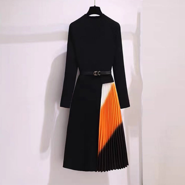 Autumn Winter Elegant Knitted Patchwork Gradient Print Pleated Dress Women Long Sleeve Office One-Piece Sweater Dress With Belt