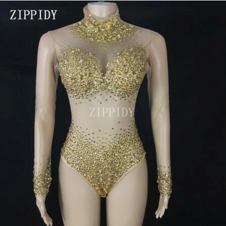 Sexy AB Rhinestones Mesh Bodysuit Birthday Celebrate Wear Female Singer Show Bodysuit Evening Prom Party Stage Wear