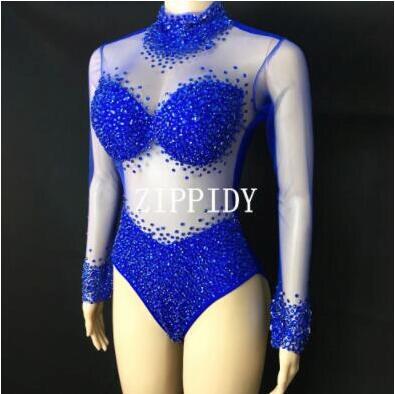 Sexy AB Rhinestones Mesh Bodysuit Birthday Celebrate Wear Female Singer Show Bodysuit Evening Prom Party Stage Wear