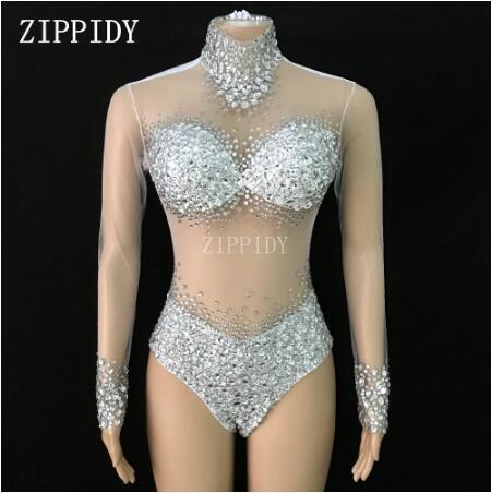 Sexy AB Rhinestones Mesh Bodysuit Birthday Celebrate Wear Female Singer Show Bodysuit Evening Prom Party Stage Wear
