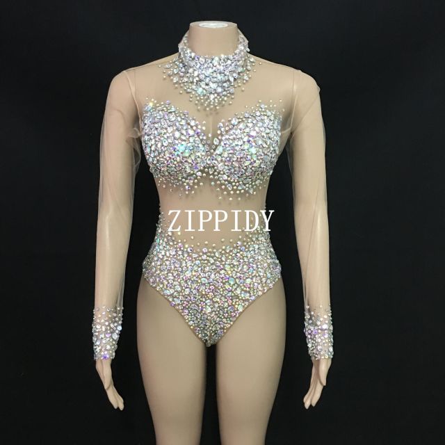 Sexy AB Rhinestones Mesh Bodysuit Birthday Celebrate Wear Female Singer Show Bodysuit Evening Prom Party Stage Wear