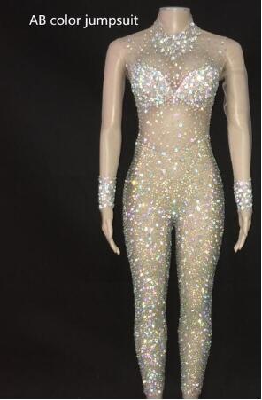 Sexy AB Rhinestones Mesh Bodysuit Birthday Celebrate Wear Female Singer Show Bodysuit Evening Prom Party Stage Wear