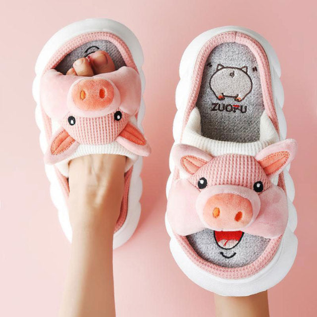 Mo Dou All Senson Designer Slippers Cute Cartoon Lovely Animals Bedroom Cotton Home Shoes Indoor Thick Sole Couples Men Women