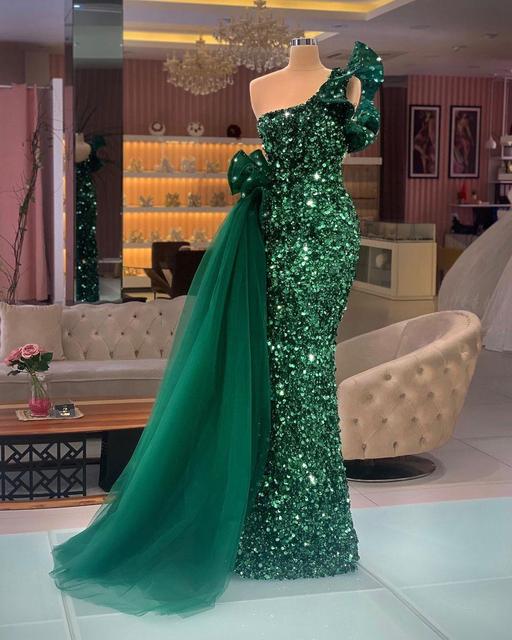 Dark Green Mermaid Evening Dresses One Shoulder Luxury Sequins Velvet Floor Length Prom Dress Pageant Gown Custom Made