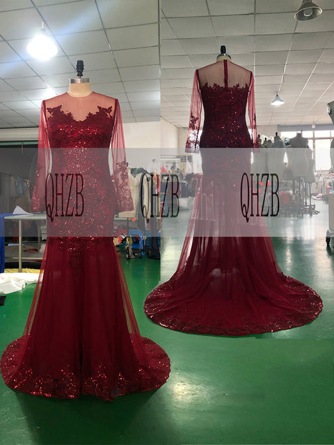 E2 Black Fashion O-Neck Natural Long Sleeves Mermaid/Trumpet Floor-Length Evening Dresses/Women Gowns Appliques Free Shipping