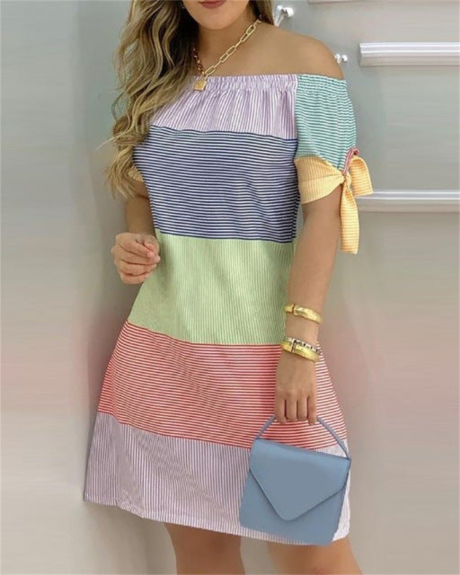 Women Off Shoulder Mini Dress Summer Sexy Short Sleeve Bow Tie Striped Floral Print Dresses Fashion Casual Loose Dress Vestidos