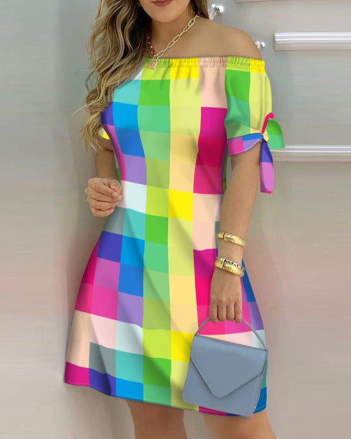 Women Off Shoulder Mini Dress Summer Sexy Short Sleeve Bow Tie Striped Floral Print Dresses Fashion Casual Loose Dress Vestidos