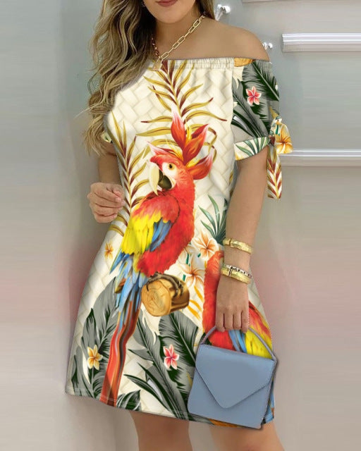 Women Off Shoulder Mini Dress Summer Sexy Short Sleeve Bow Tie Striped Floral Print Dresses Fashion Casual Loose Dress Vestidos