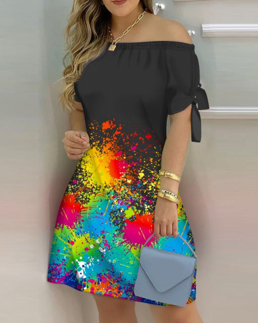 Women Off Shoulder Mini Dress Summer Sexy Short Sleeve Bow Tie Striped Floral Print Dresses Fashion Casual Loose Dress Vestidos
