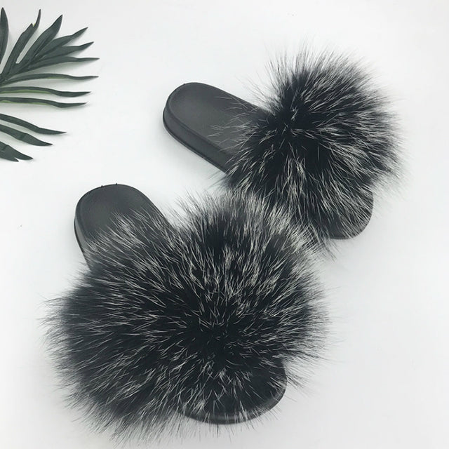 SARSALLYA Fur Slippers Women Real Fox Fur Slides Home Furry Flat Sandals Female Cute Fluffy House Shoes Woman Brand Luxury 2021