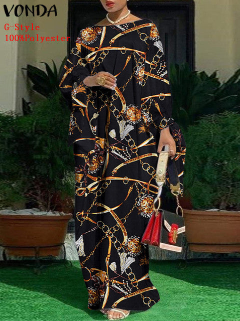 Elegant Kaftan Dress Women Satin Party Dress 2022 VONDA Long Sleeve Bohemian Holiday Summer Sundress Female Casual Vestidos Robe
