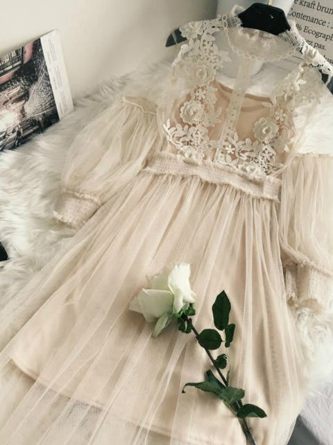 New Arrivals Women Lace Flower Dress Gauze Lantern Sleeve Voile Long Dress Female Retro Hook Princess Dress 2 Piece Set