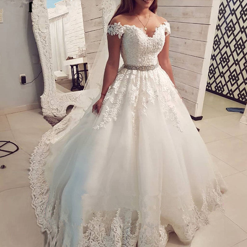 2022 Off Shoulder Embroidery Charming Sweetheart White Wedding Dress Custom Made Size Ball Gown Wedding Dresse